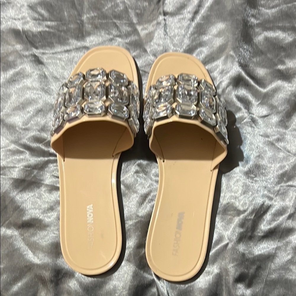 Fashion Nova Tan Crystal Embellished Sandals